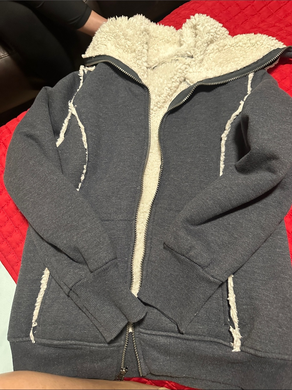Old Navy Charcoal Puffer Hoodie with Cream Sherpa Lining